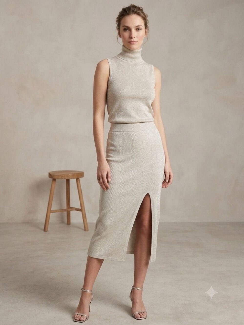Banana Republic Metallic Knit Midi Skirt Front Slit Silver Cream XS